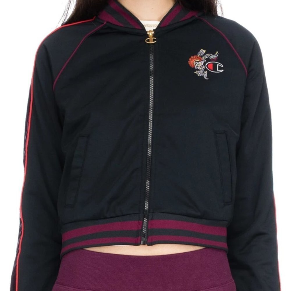 Champion Block Floral Logo Track Jacket - Black/Dark Berry Purple XL
